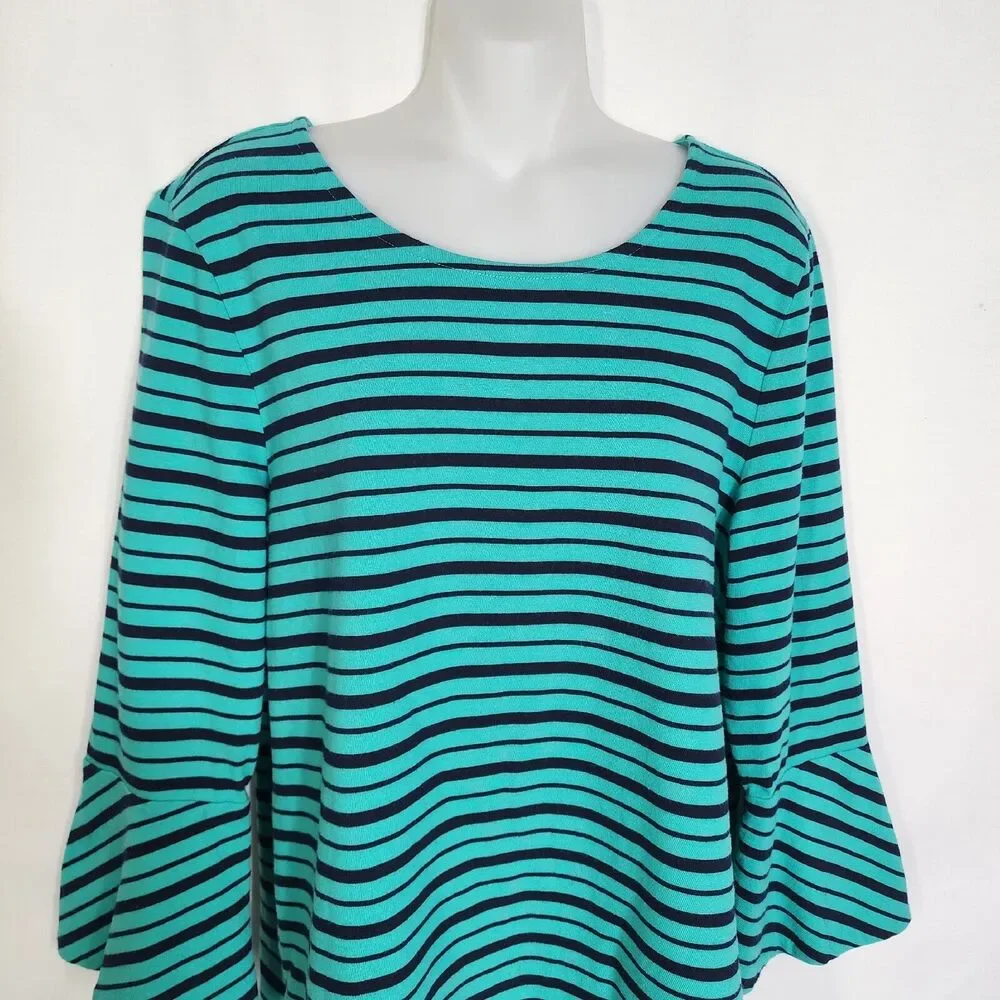 Talbots Womens Top Sz Large Green Blue Striped 3/4 Bell Sleeve Cotton Round Neck